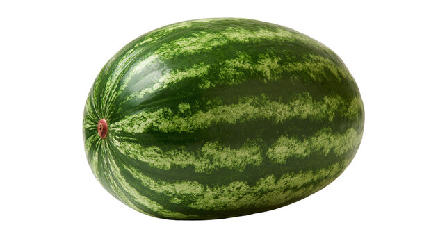 Whole oval watermelon with dark green striped rind and smooth texture