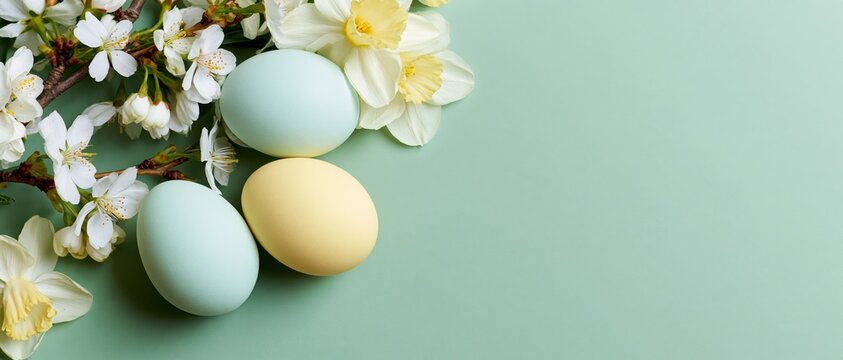 Pastel easter eggs and spring blossoms arranged on a light green surface with copyspace