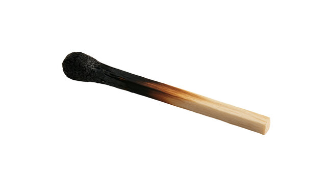 Burnt wooden matchstick with charred black head and scorched stem