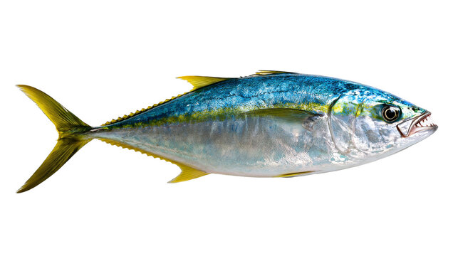 Fresh yellowtail kingfish with blue iridescent scales and sharp teeth