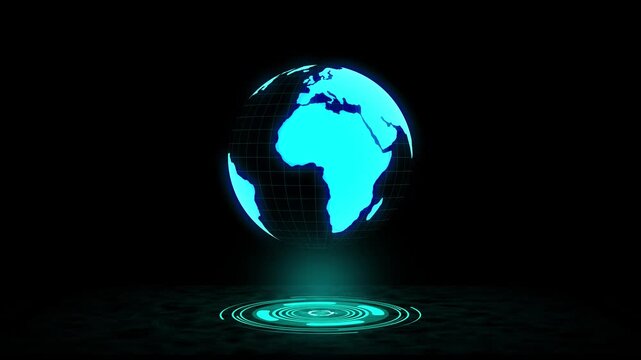 Holographic Earth globe animation rotates with digital UI. Cyber telemetry coordinates route over the Earth globe animation. Satellite communications link to the holographic Earth globe animation.