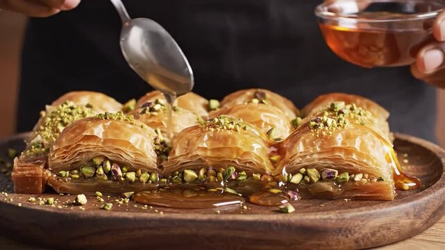 Golden phyllo pastry baklava with chopped pistachio is drizzled with sweet honey syrup