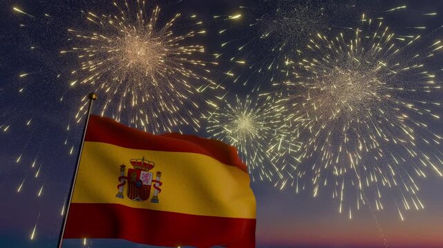 Patriotic Spain Flag Against Colorful Fireworks at Night