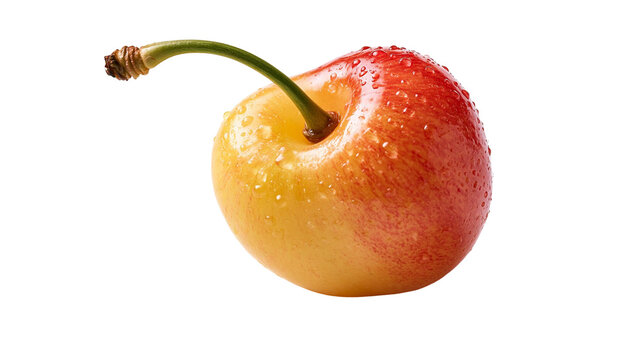 Fresh Rainier cherry with water droplets and green stem