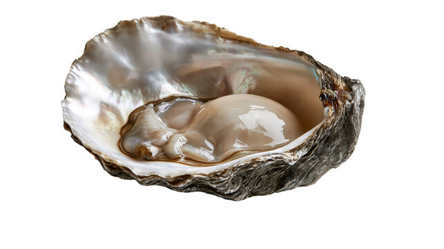 Fresh raw oyster in open shell with iridescent nacreous interior