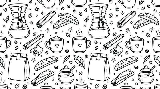 Coffee shop chemex and biscotti seamless doodle pattern