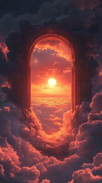 A fantasy archway made of clouds frames a bright sun over a sea of clouds with a background of starry sky.