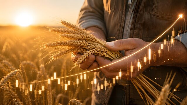 Farmer Holding Wheat Harvest With Financial Trading Chart And Rising Market Trend