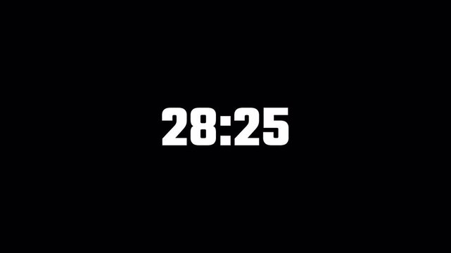 Thirty one minute countdown timer animation on transparent background in sixty seconds