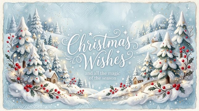 Charming vintage christmas card illustration with a beautiful snowy winter landscape and warm festive holiday greetings design