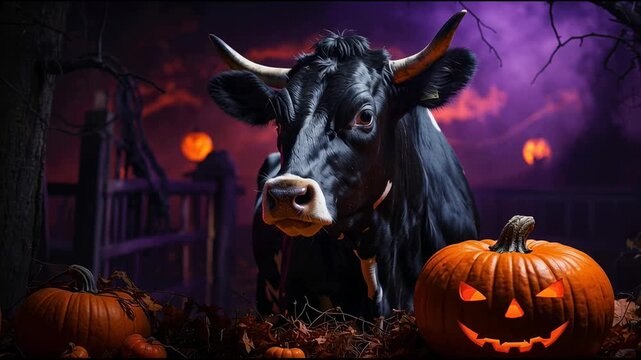 Horned cow farm animal on dark scary Halloween background pumpkin AI Generative