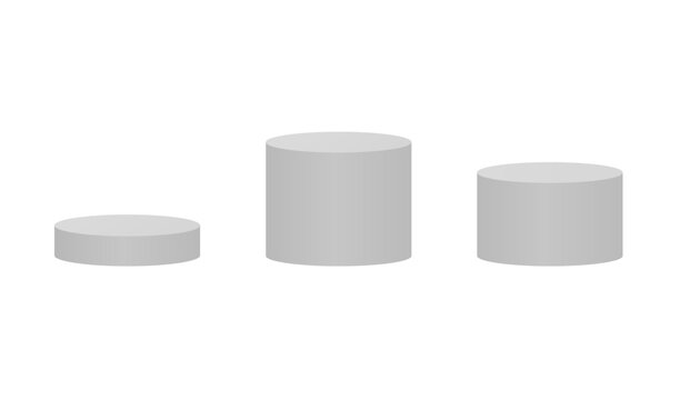 3D white cylinder podium set isolated on white background, round display pedestal stage, realistic blank studio platform mock up template for product presentation vector illustration