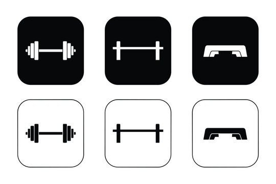Gym icon set with barbell and pull up bar and step platform