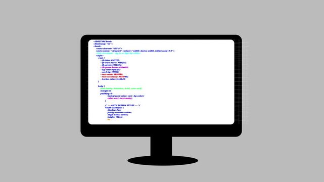 Monitor code animation displays HTML coding on a tech grid. Software development drives the active monitor code animation. Web design script debugging flows across this monitor code animation.