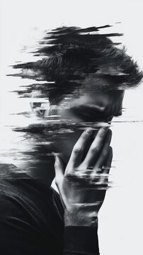 A black and white artistic portrait of a man covering his face with his hand, featuring digital glitch distortion effects against.