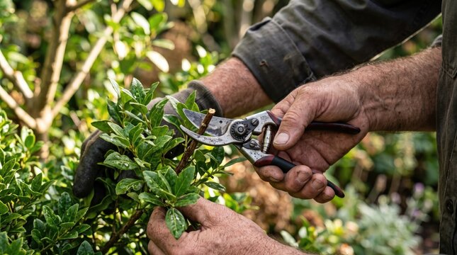 Hands of a gardener trimming green leaves with pruning shears. The scene showcases gardening tools and healthy plants in a lush environment.