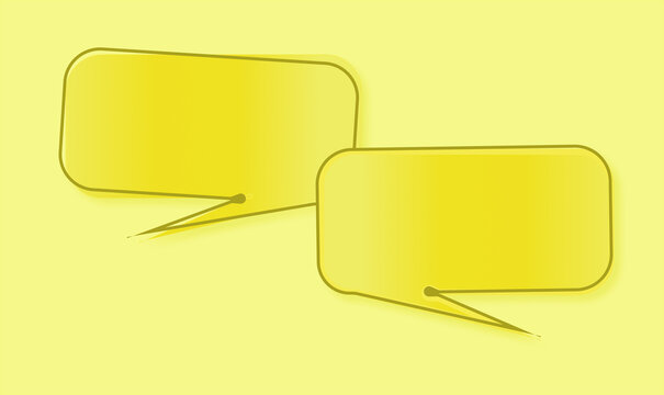 Two yellow chat bubbles against a light yellow background, overlapping with rounded corners, dark outlines, shadows, and downward tails. Empty message bubbles ready for text.