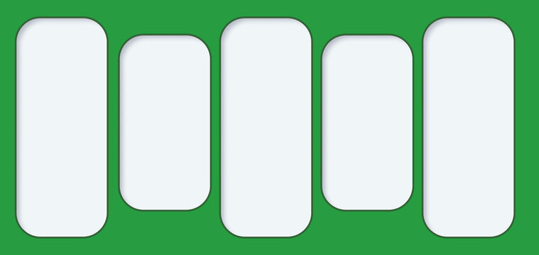Five white rounded rectangles vertically aligned on a solid green background, each with a subtle drop shadow for a raised 3D look. Blank panels with room for text or content.