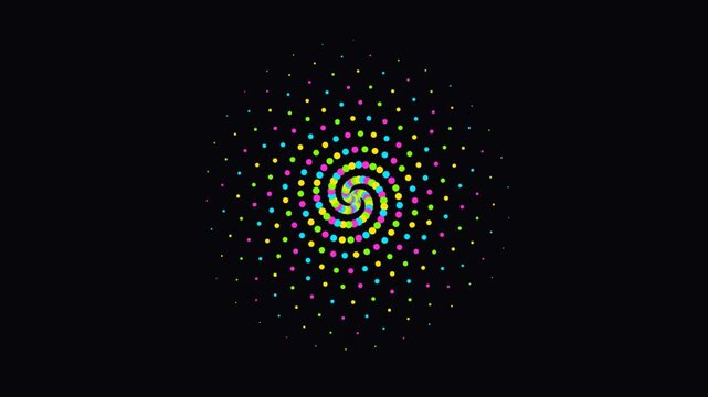 Colorful neon dot spiral motion background, abstract particle animation, loop dots particles