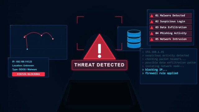 Cybersecurity Threat Detected HUD Interface Animation Showing Malware Data Breach Network Intrusion Alert and Incident Response Blocking