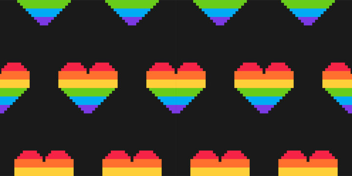 Seamless pattern with lgbt hearts in 8-bit style. Rainbow symbol of tolerance. Repeating print with colorful LGBT symbols perfect for apparel, digital backgrounds, and game design.