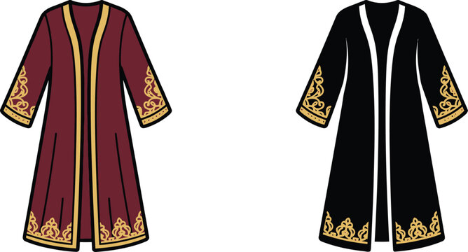 Elegant traditional abayas in maroon and black with golden embroidery details isolated on white