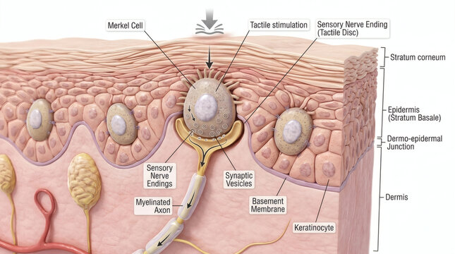Scientific diagram of a Merkel cell transmitting tactile stimulation in human skin layers