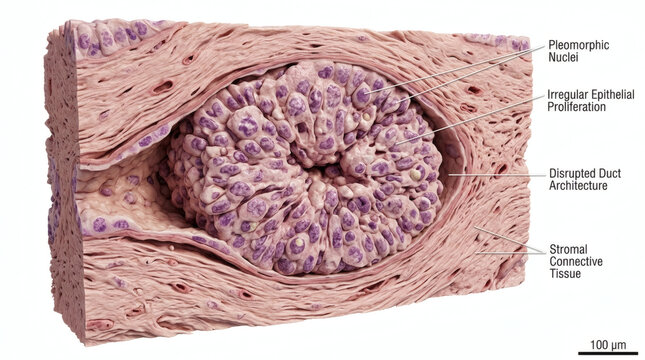 Microscopic view of breast tissue showing ductal carcinoma in situ cells