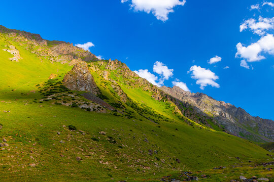 Vibrant Green Mountain Slope Under Blue Sky with Clouds