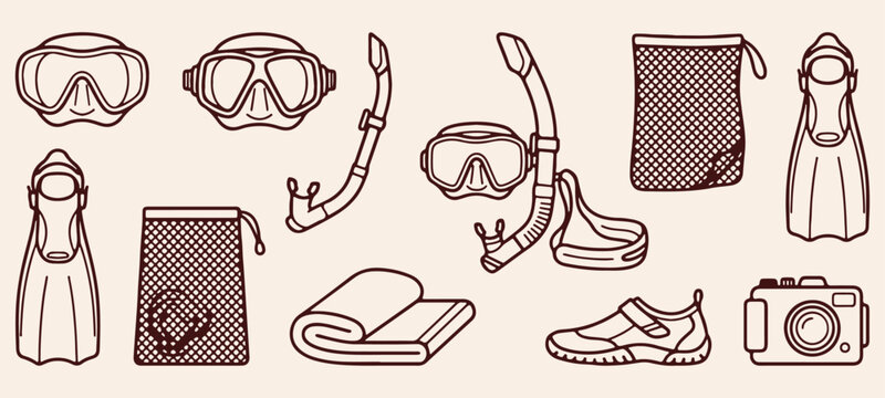 Scuba diving gear and snorkel mask doodle, underwater swimming goggles line art, marine ocean exploration breathing tube drawing, summer snorkeling water sport graphic, diving footwear flippers and gu