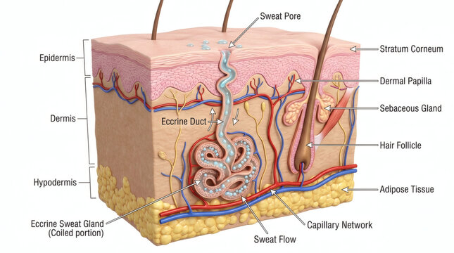 Anatomical cross section of human skin showing sweat gland and pore function