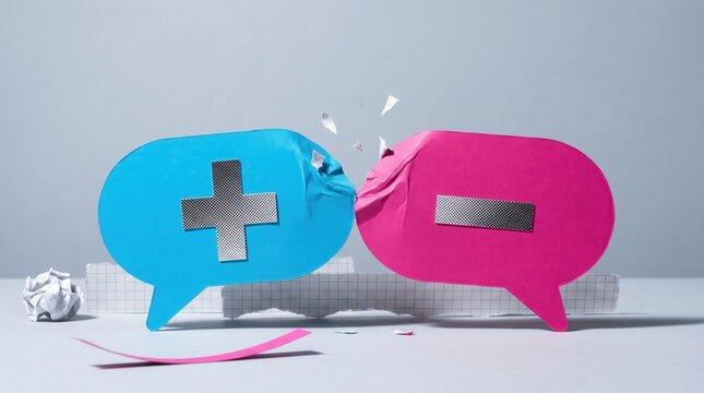Blue plus and pink minus speech bubbles colliding with paper debris