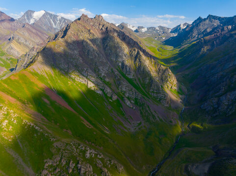 Aerial view of mountainous valley landscape in Kyrgyzstan