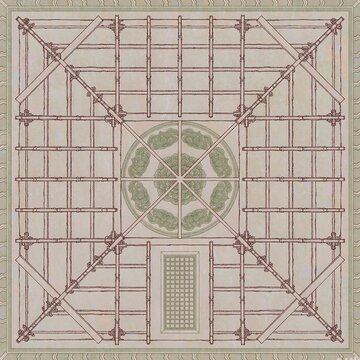 Chinese Caisson Ceiling & Lattice - Minimalist Sage Ornamental Art