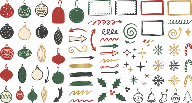Set of hand drawn christmas elements including ornaments arrows frames and decorative stars for festive holiday design projects
