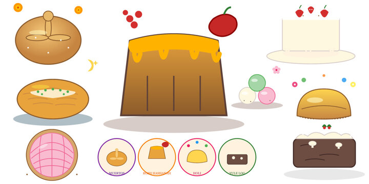 Traditional festive breads and holiday cakes collection with cultural icons of pan de muerto and yule log.