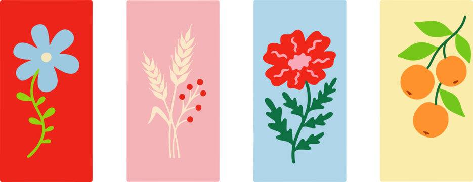 minimalist botanical collection with flowers, wheat, berries and orange fruits