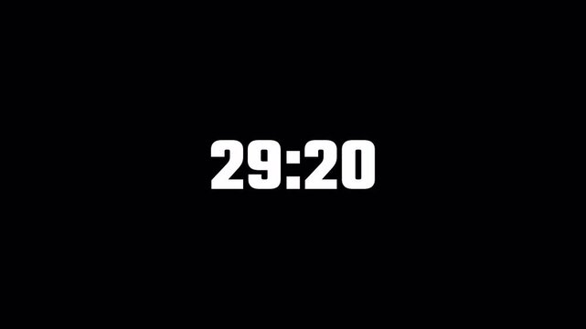 Thirty two minute countdown timer animation on transparent background in sixty seconds