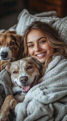 Fototapeta na wymiar A smiling woman lies wrapped in a cozy blanket with two dogs against a soft background.