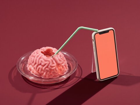 Brain gelatin dessert with straw and smartphone, social media addiction