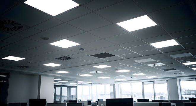 Modern Office Interior with Bright Fluorescent Ceiling Lights and Large Windows.