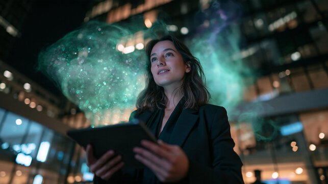 Businesswoman Using Tablet with Futuristic Glowing Data Visualization