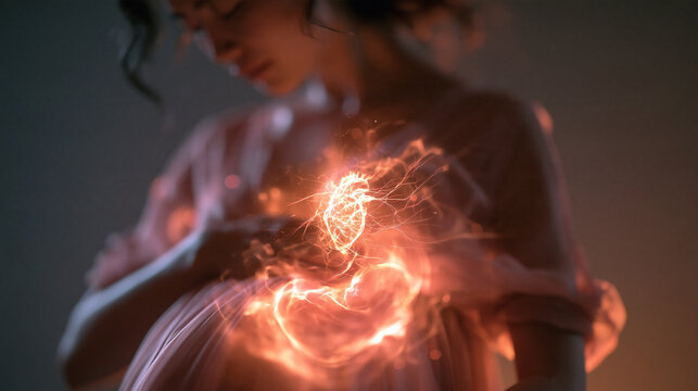Pregnant Woman with Glowing Heart Visualizing Unborn Baby Connection
