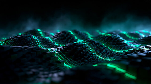 Abstract Futuristic Digital Data Landscape with Glowing Green Lines