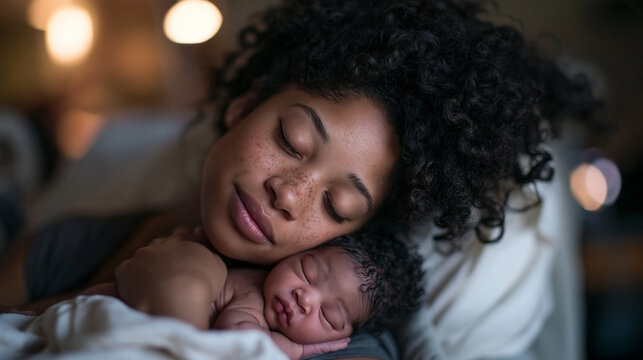 African American Mother Sleeping with Her Newborn Baby