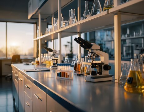 Modern agricultural research laboratory with microscopes and scientific glassware at sunset for biotechnology and seed analysis experiments
