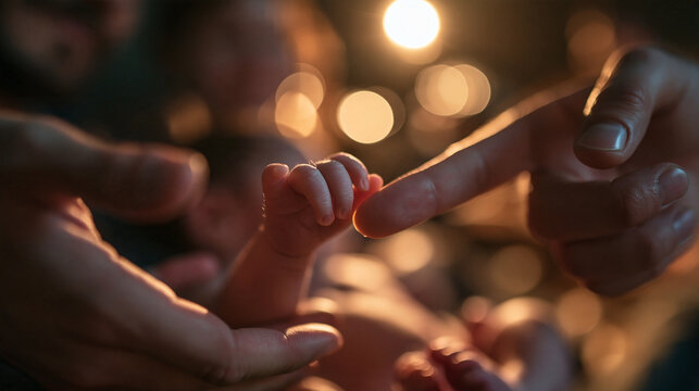 Newborn Baby Holding Parent Finger in Warm Light
