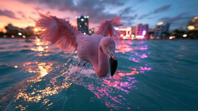 Pink Flamingo Flying Over Ocean Near City Skyline at Sunset