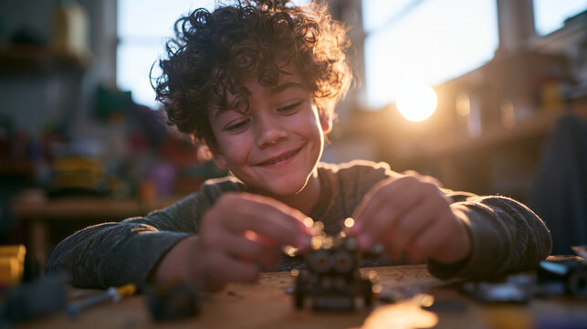 Happy Young Boy Building Robot Toy at Home