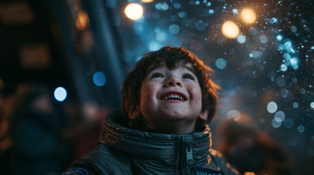Little Boy Looking Up with Wonder and Excitement
